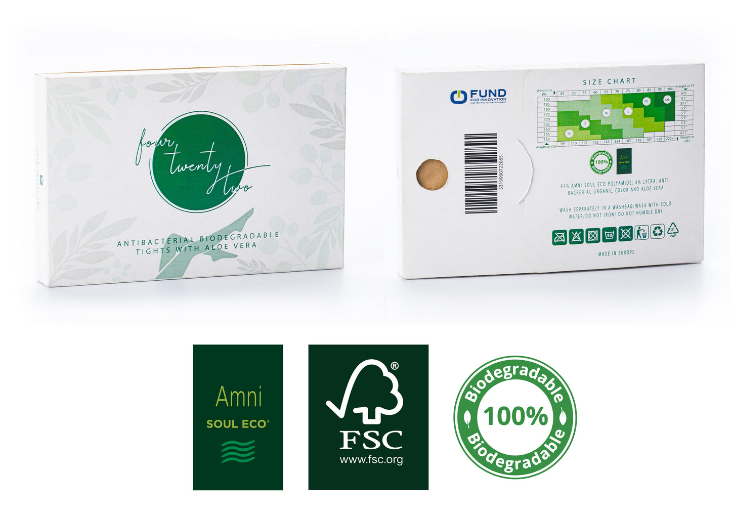 FSC packaging Amni Soul Eco 40 den semi sheer biodegradable Aloe Vera hosiery tights