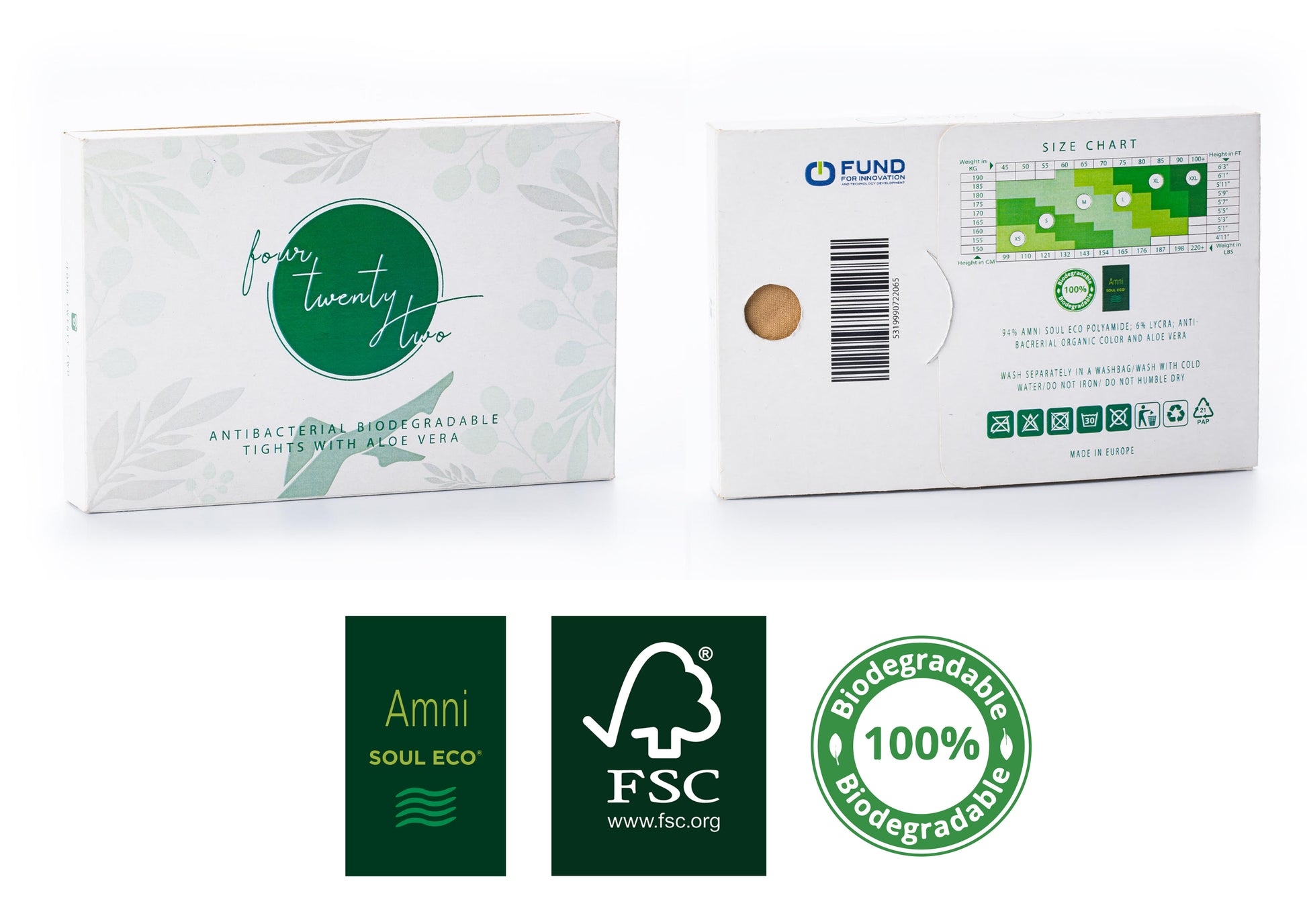 FSC packaging Amni Soul Eco  40 den semi sheer biodegradable Aloe Vera hosiery tights